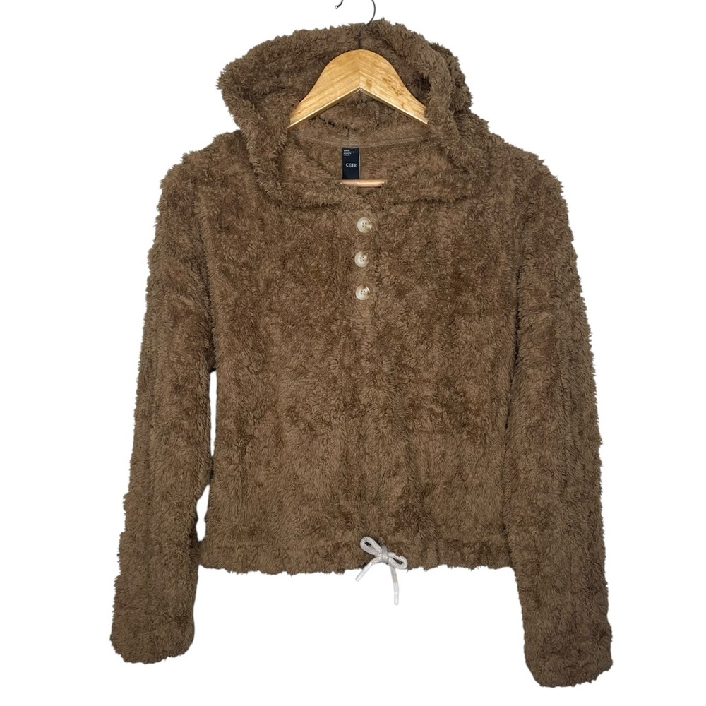 Cider‎ Sherpa Cropped Pullover Hoodie Brown Large